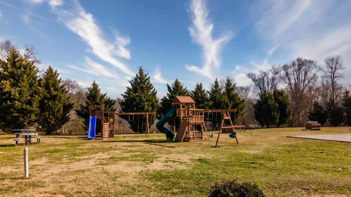 A vibrant outdoor playground featuring colorful play structures, a blue slide, swing set, green grass, and a picnic table set amidst open space. The scene radiates energy and invites outdoor family fun, with equipment designed for children and room for family picnics or gatherings.